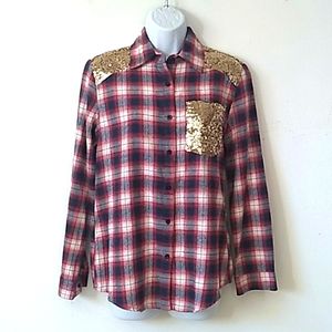 E2 red & navy plaid flannel button down shirt with gold sequins  S
